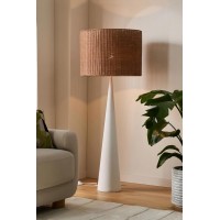 Ivory Floor Lamp Features a Plaster Finish Base and a Hand Woven Rattan Shade.