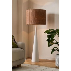 Ivory Floor Lamp Features a Plaster Finish Base and a Hand Woven Rattan Shade.